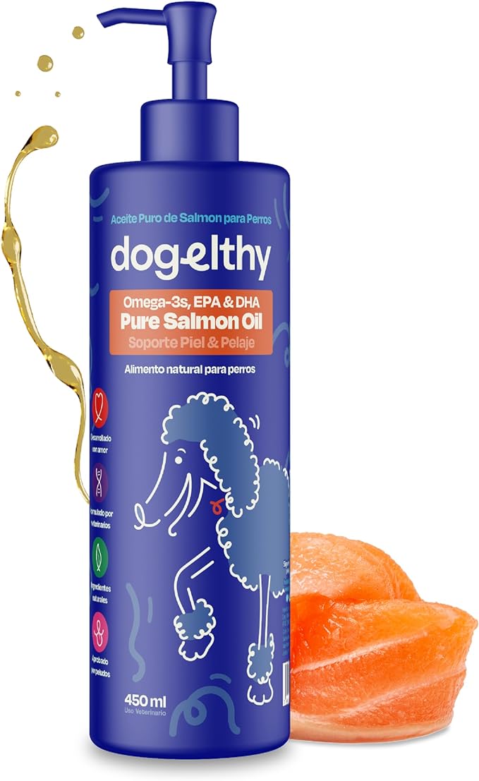 Dogelthy Pure Salmon Oil 450 ml. Aceite de Salmon Omega 3 para Perros con 300 MG de EPA + DHA por Dosis. Suplemento de Aceite de Pescado para Perro. para Croquetas o Dieta Barf.